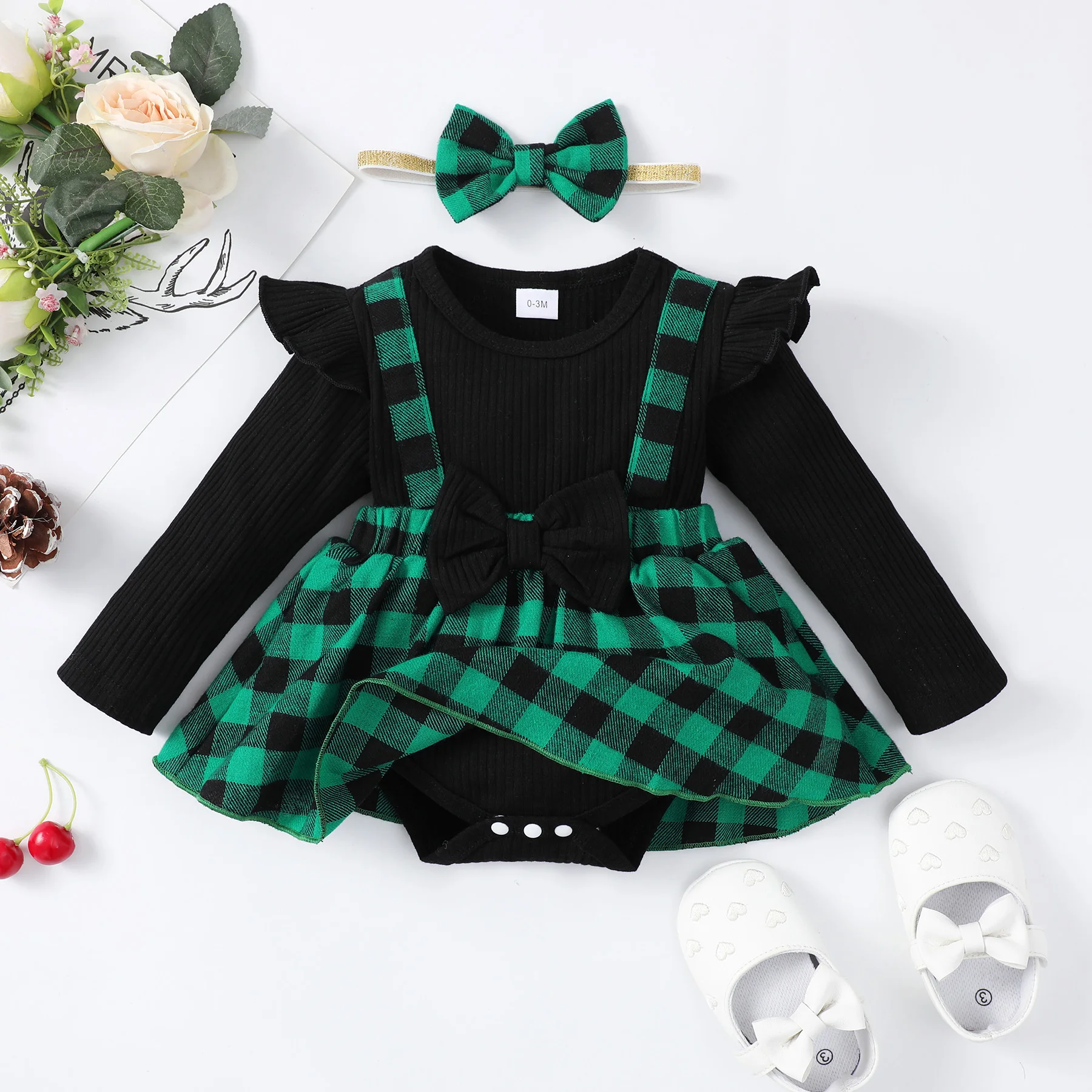 2PCS Newborn Infant Baby Girl Long Sleeve Ruffle Bodysuit Jumpsuit Set+ Bow Autumn Christmas Holiday Party Photo Clothes 0-18M