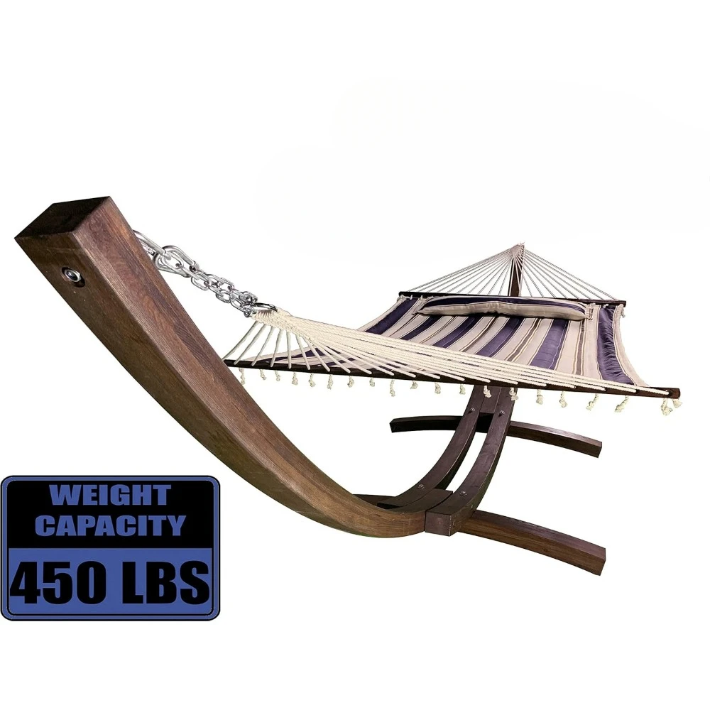 14 Ft. Wooden Arc Hammock Stand + Deluxe Quilted Double Padded Hammock Bed W/Pillow. 2 Person Bed