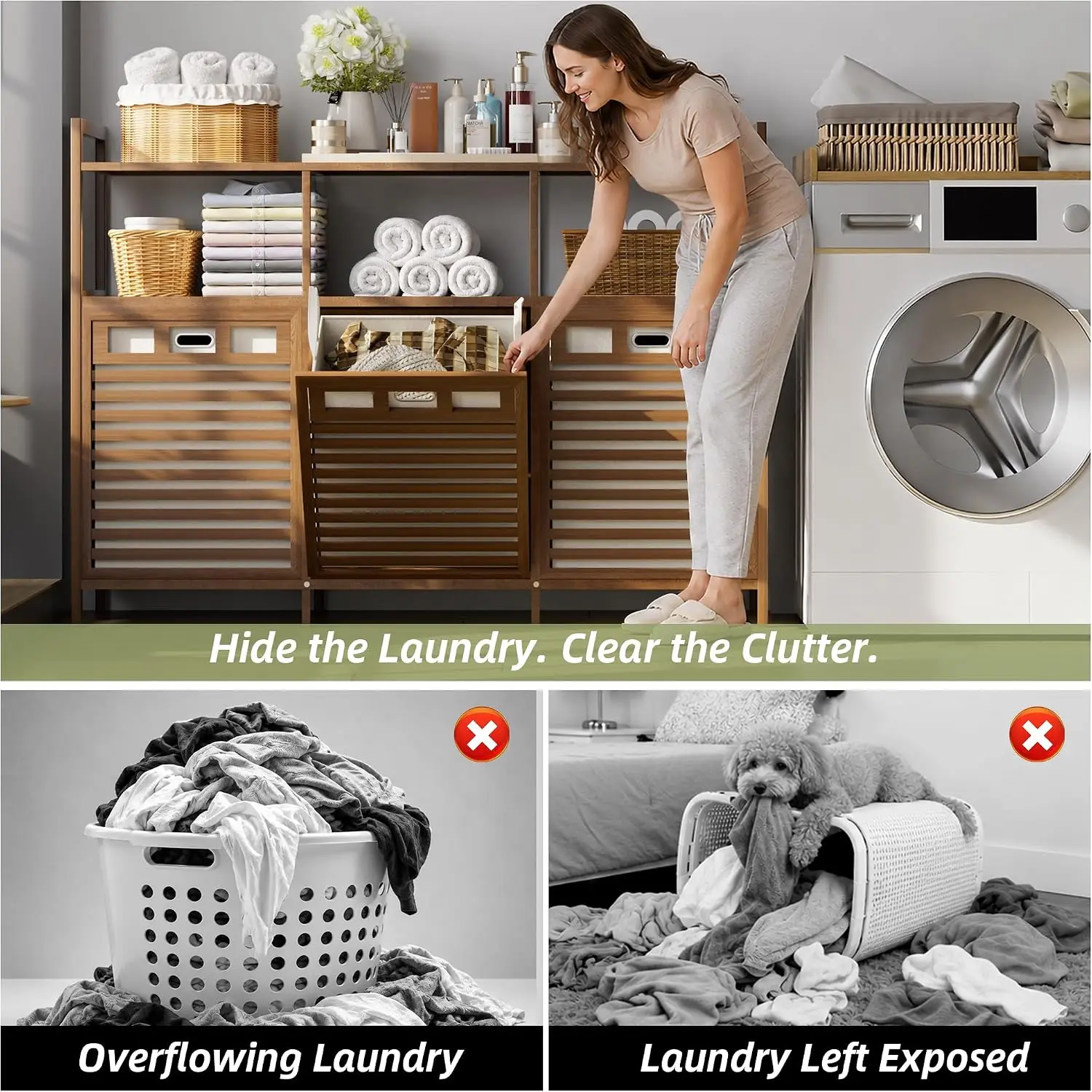48 Gal Bamboo Tilt Out Laundry Hamper Cabinet with 3 Bag, Walnut
