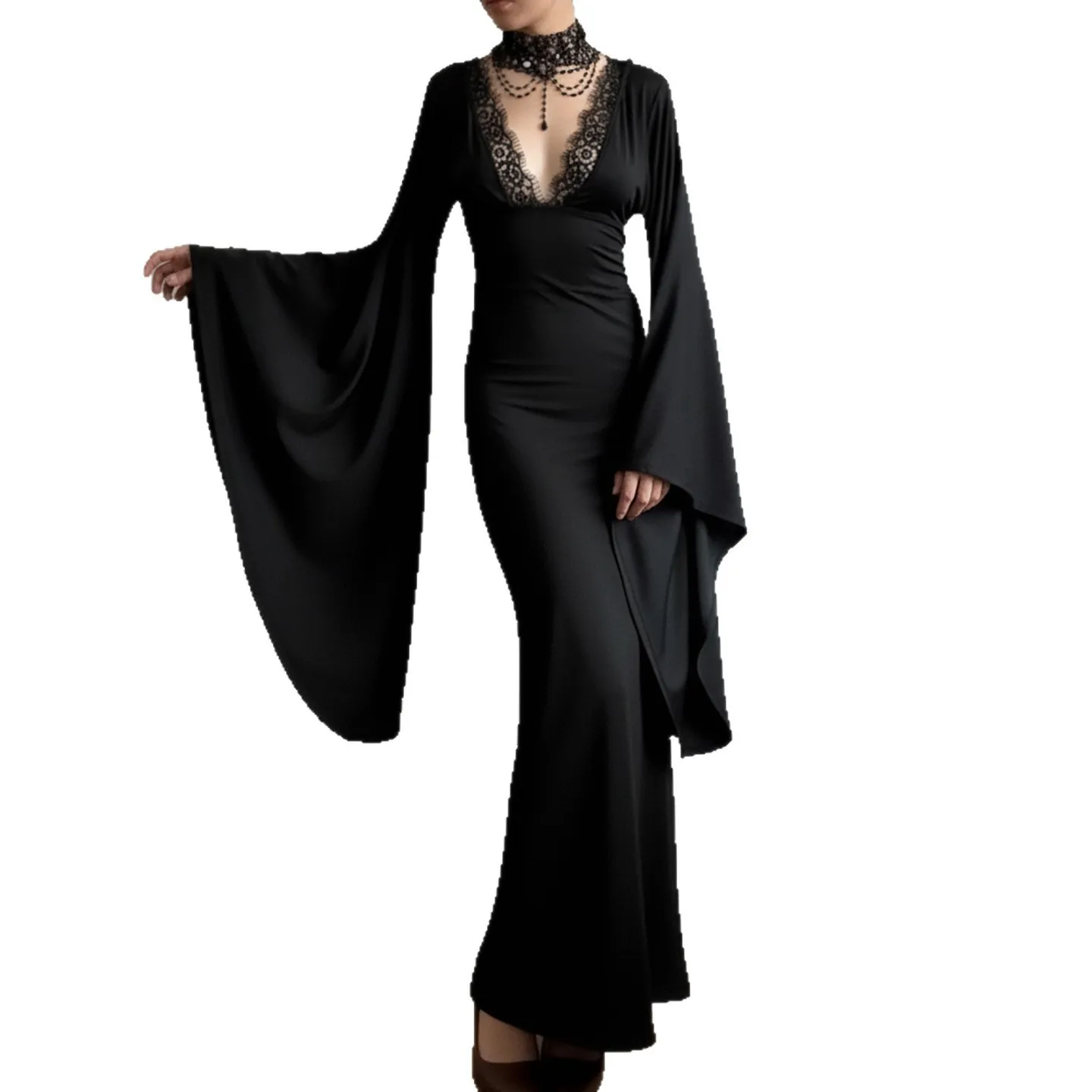

Gothic Style Long Lace Hemline Dress with Bell Sleeves And Fish Tail Design Backless mid Waist Knitted Thickened Autumn Dress