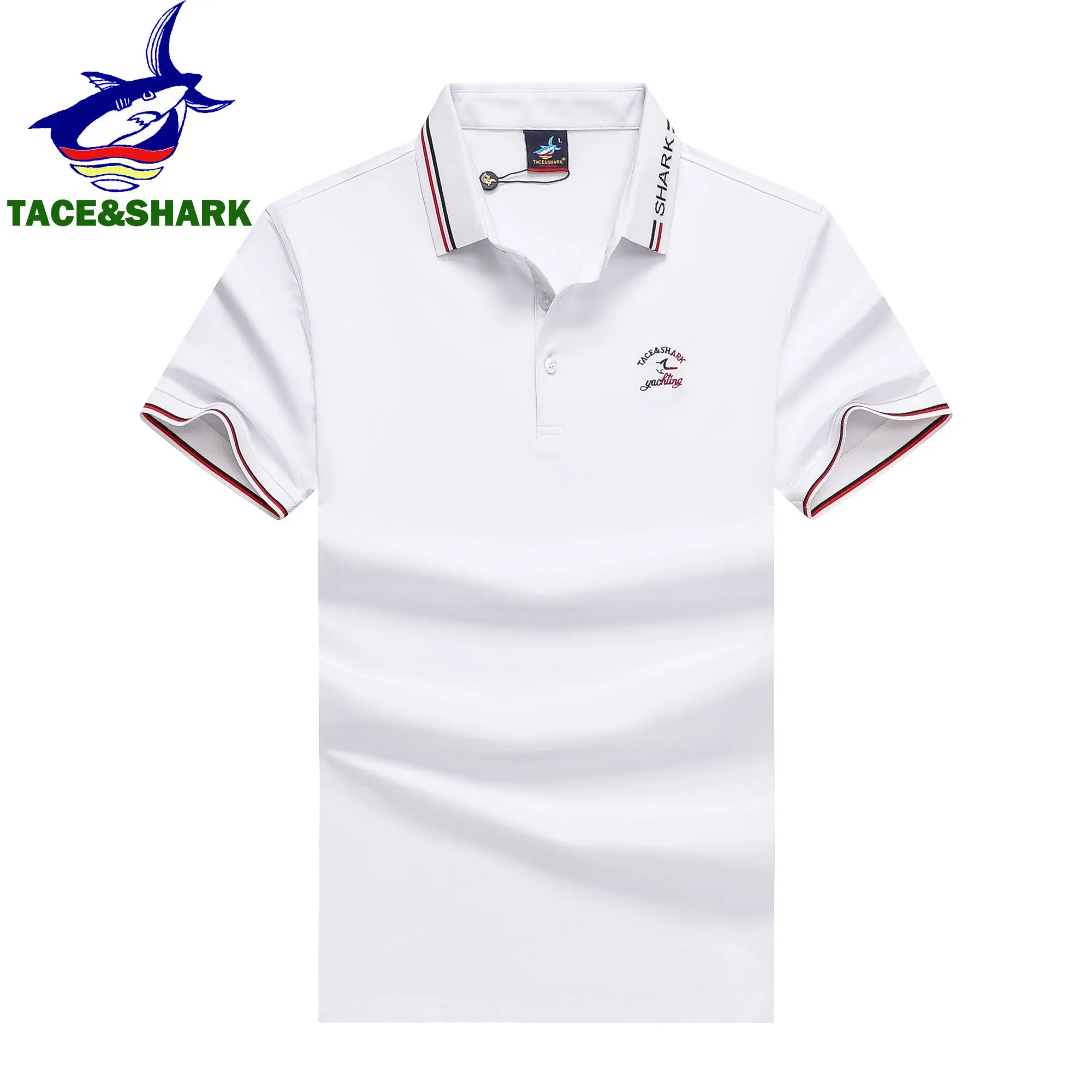 TACE&SHARK New Arrival Dark Blue White Gray Brand Clothing Shark Embroidery Men Solid Color Short Sleeve Fashion Business Polos