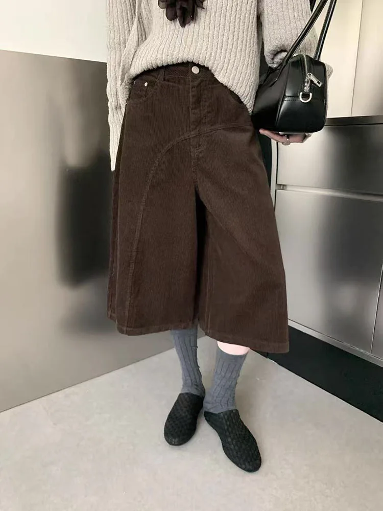 Vintage Corduroy Calf Length Pants Women Y2K Autumn High Waist Streetwear Loose Wide Leg Pants Harajuku Retro All Match Trousers