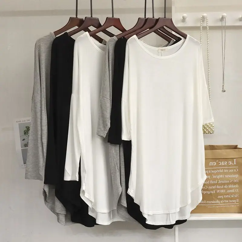 

Modal Short-sleeved T-shirt Women's Spring and Summer Thin Irregular Bottoming Shirt Loose Medium and Long Half-sleeved Top