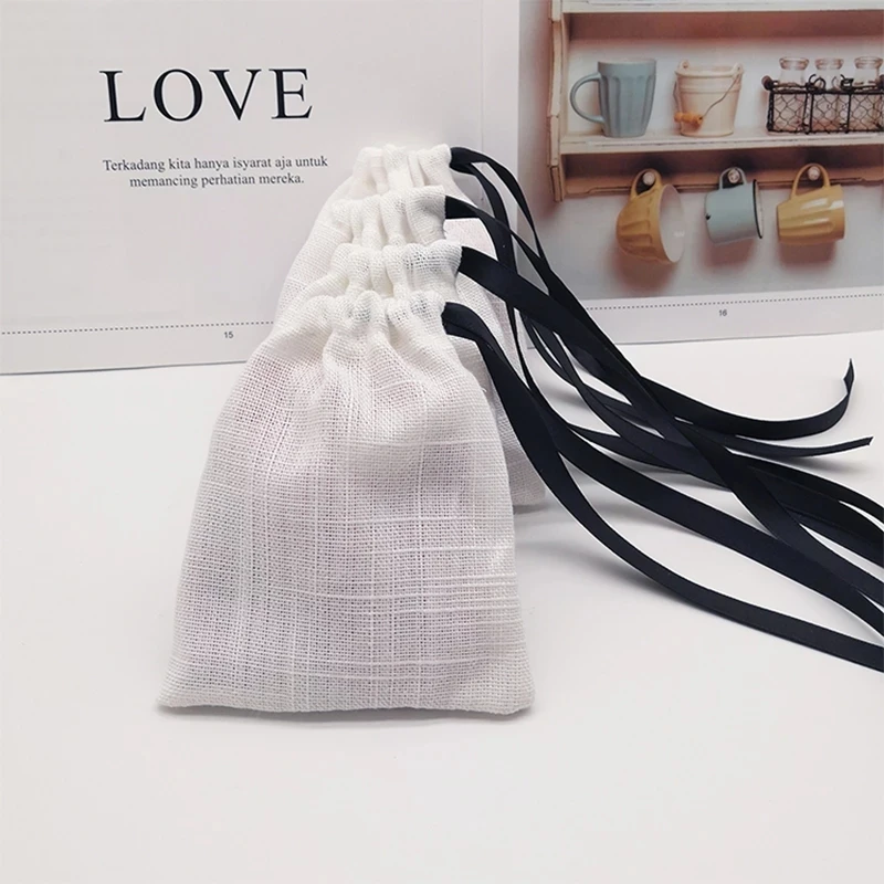 50pcs Jewelry Cotton Gift Bag with Black Ribbon 9x12cm Wedding Birthday Party Candy Pouch Jewelry Packaging Display&Pouches