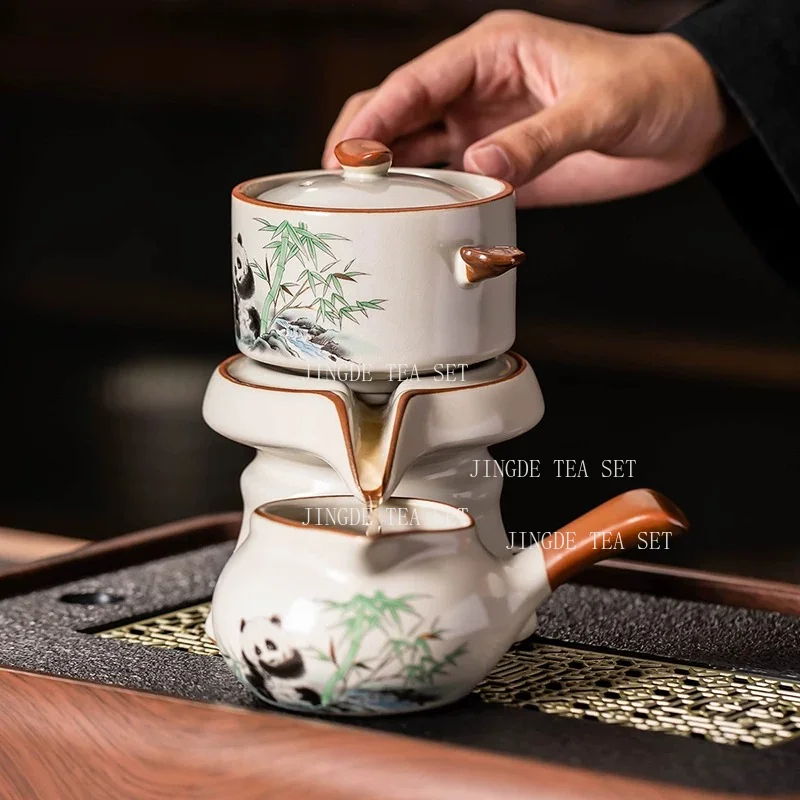 Semi Automatic Tea Set with Panda and Bamboo Design Lazy Kung Fu Tea Brewer with 6 Cups Teaware Sets for Home Office and Gift