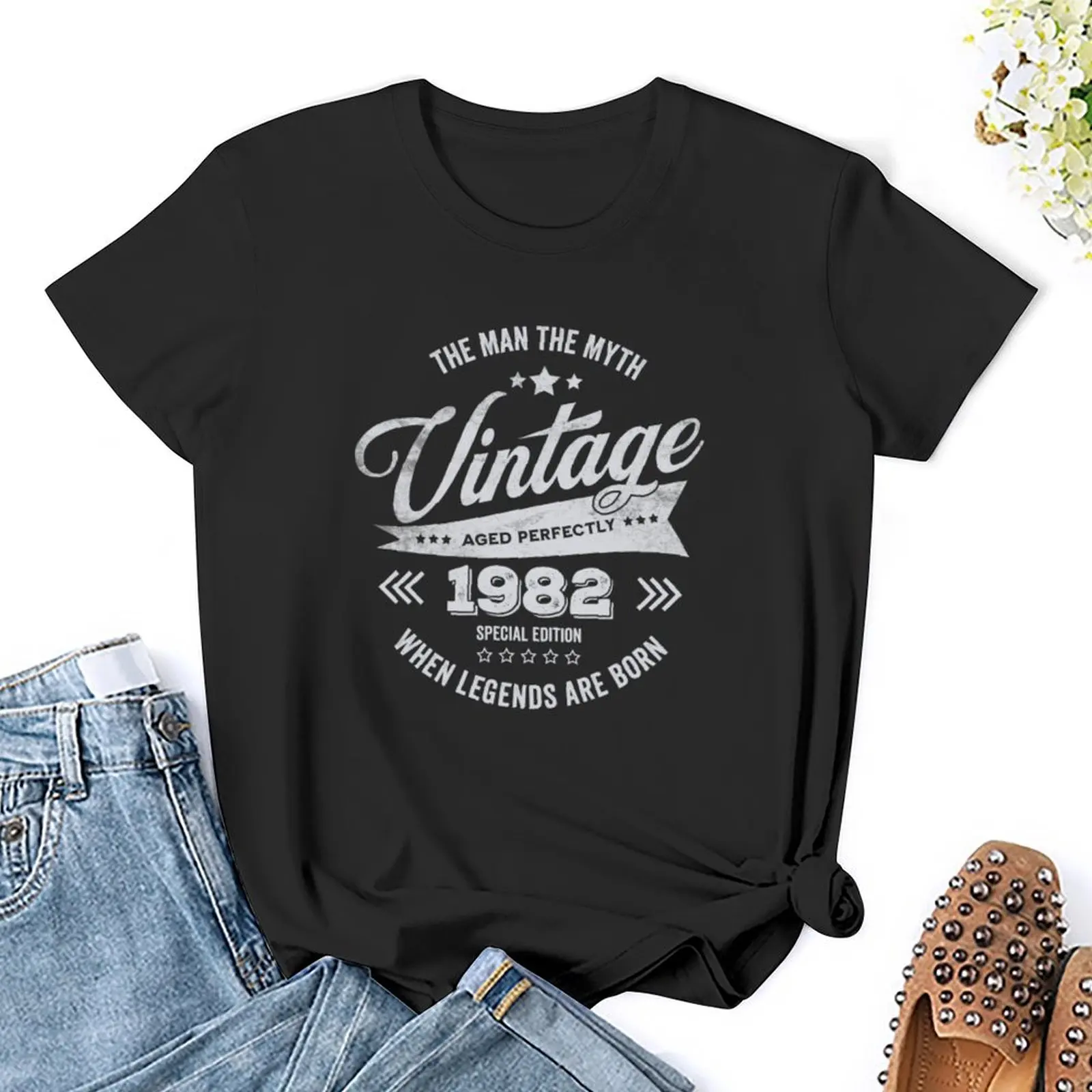 T-shirt lenda do aniversário para as mulheres, mulher camiseta, roupas de verão, roupas, Made in 1982, vintage