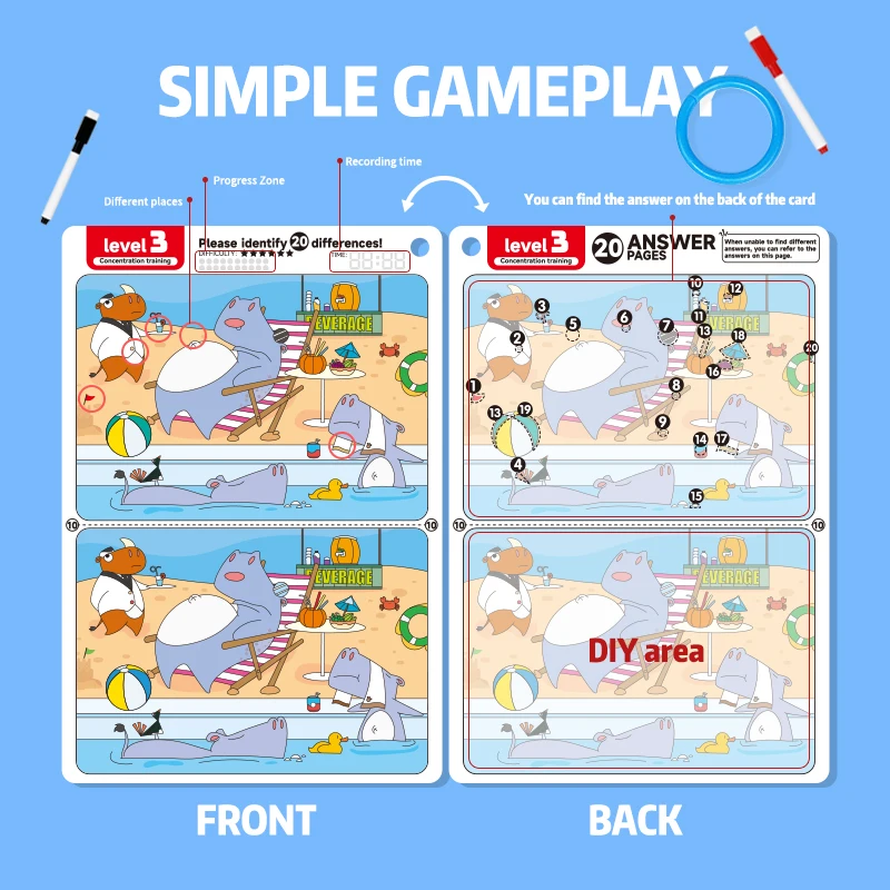 Drei Sätze „Find the Difference“-Spiel, Konzentrationstrainingsset, 10-Blatt/Set, interaktives und interessantes Lernspielzeug für Kinder, Intelligenz-Räumungsräume, Partygeschenke können gelöscht und wiederverwendet werden