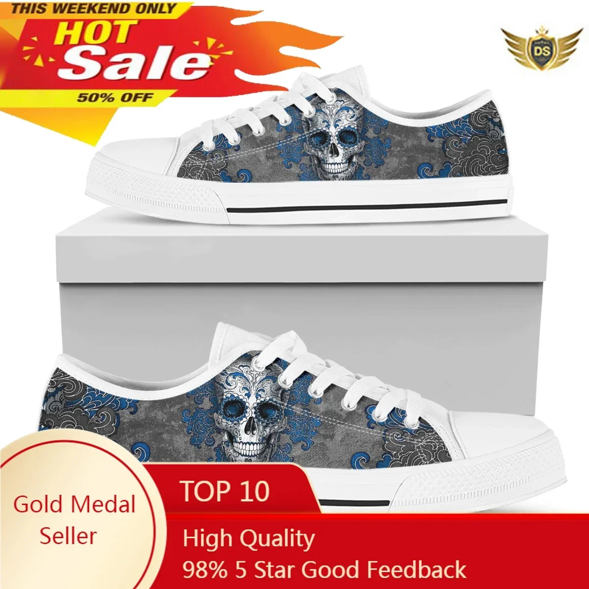 Retro Skull Grey White Women's Walking Shoes Lace Up Flat Shoes Breathable Sneakers Female Spring Summer Outdoor Footwear