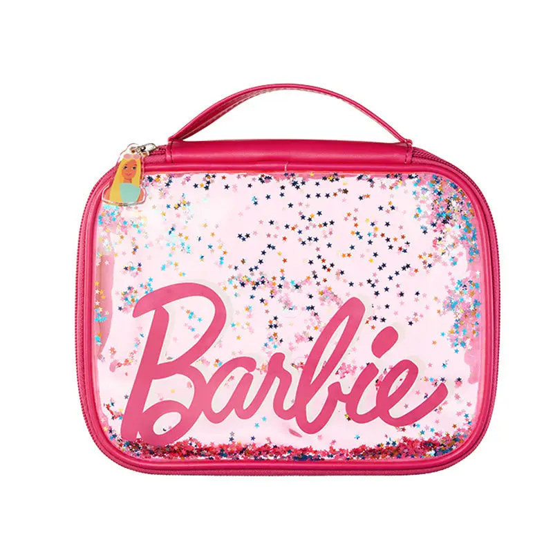 Miniso Barbie Handbag Anime Cartoon Women Fashion borsa cosmetica trasparente di grande capacità Portable Makeup Brush Storage 22Cm