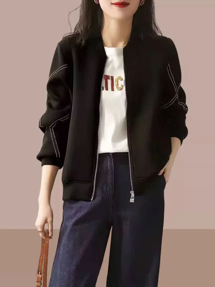 Stylish Short Baseball Jacket for Women Casual Sporty Top Zipper Closure Long Sleeve Polyester Fiber Commute Style Pure Color