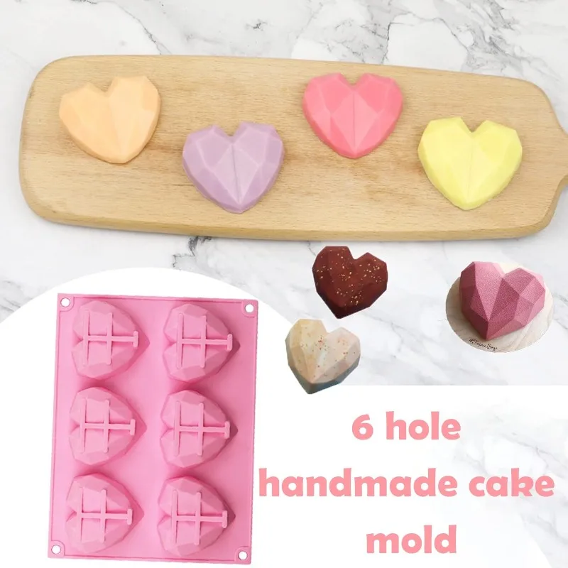 6-Cavity Diamond Heart Silicone Mold for Baking Non-Stick Valentines Day Chocolate Bomb Mold Heart Shaped Candy Soap Tray