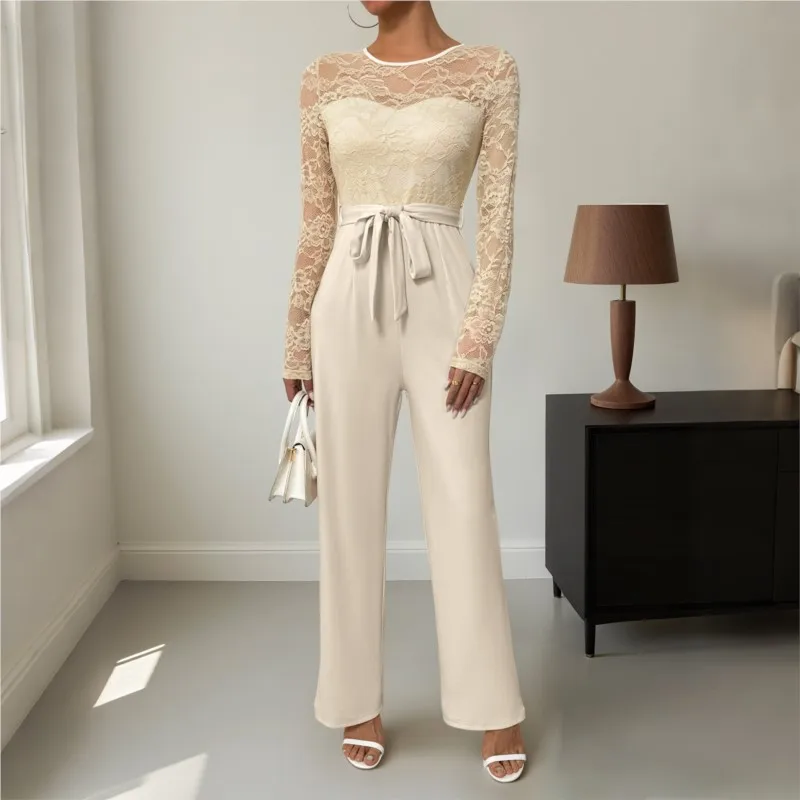 

2025 New Autumn Jumpsuit Round Neck Long Sleeved Lace Slim Fit Patchwork Zipper Tie Solid Color Versatile Loose Women's Jumpsuit