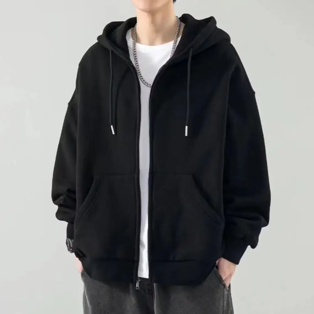 Soft Long Sleeve Jacket Men's Fall Winter Hoodie Zip-up Cardigan with Drawstring Pockets Hood Plus Size Coat for Wear Solid