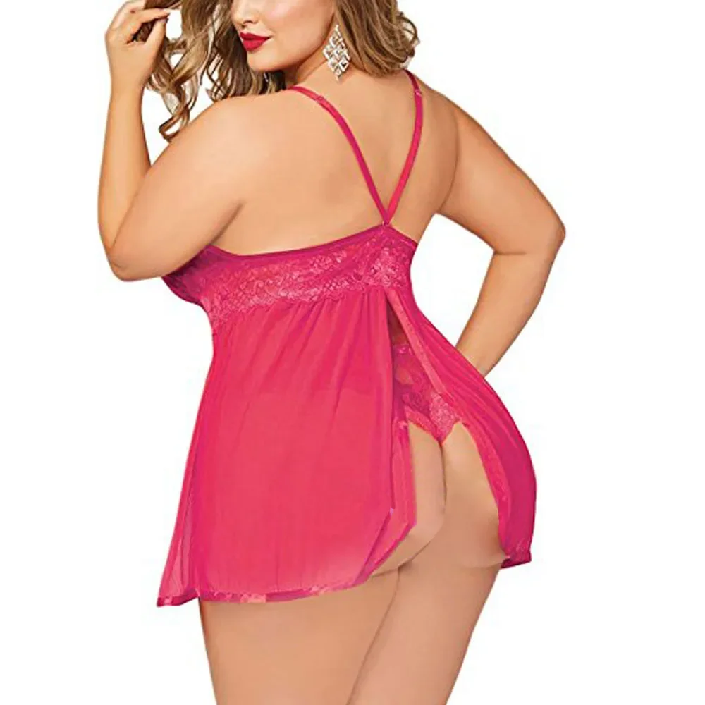 Hot Sale Plus Size Women Black Sexy Big Dress Deep V Open Back Lingerie Lace Babydoll Sleepwear Dress With Thongs Underwear