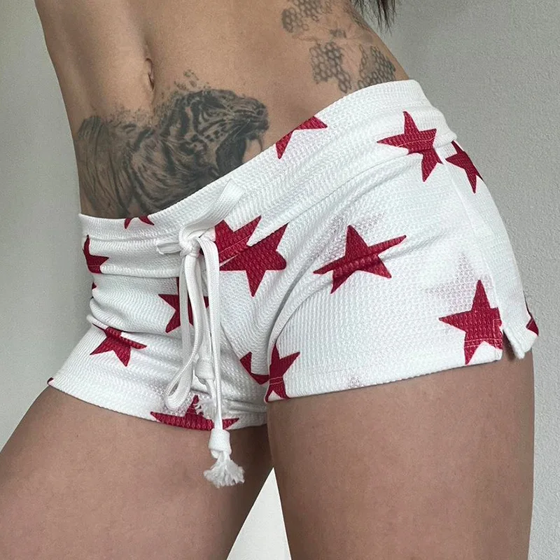 American street personality five-pointed star printed high waist slim hot pants girls hip waist lace-up shorts Ins Style