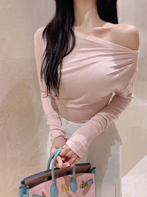 Korean 2024 Spring/autumn Version New Slash Neck Long Sleeve T-shirt Women Cinching Waist Solid Slim Casual Short Top QHCY