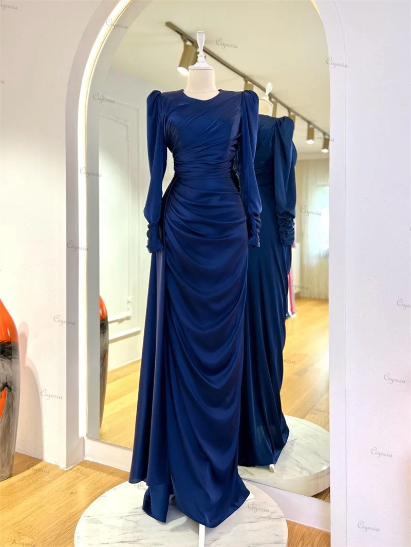 Ciynsia Blue Long Sleeve Musilm Evening Dresses Mermaid O-Neck Satin Dubai Arabic Formal Gown Prom vestidos elegantes para mujer