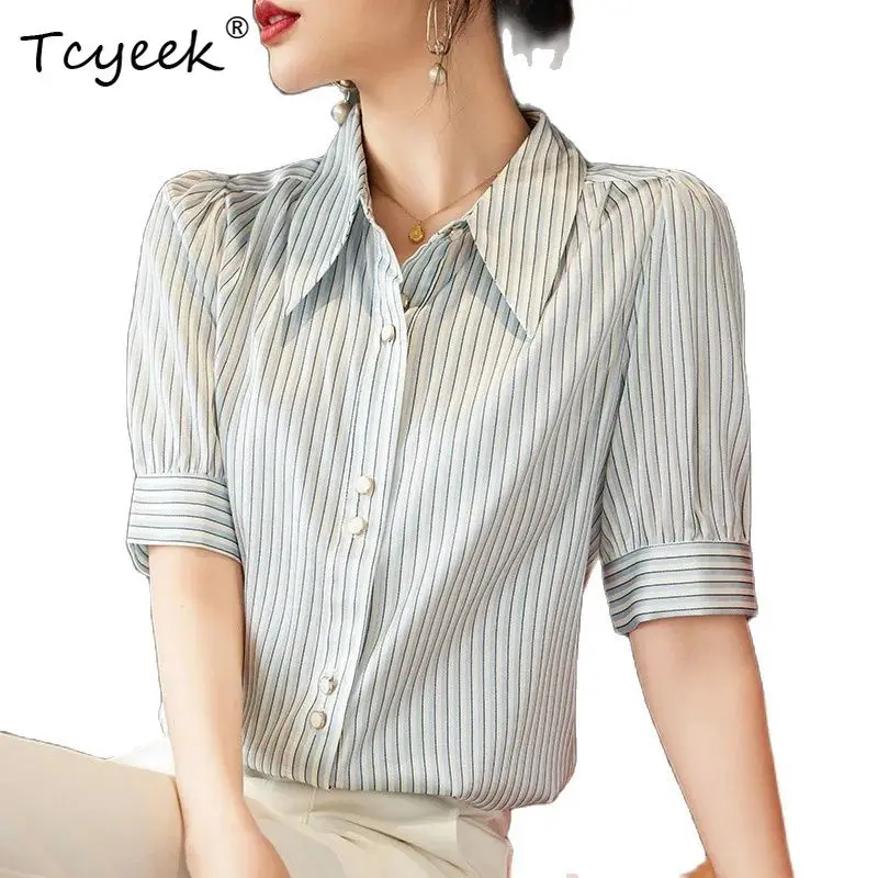 

Tcyeek, 90% Natural Silk Elegant Shirt, Women Short Sleeve Polo Neck Stripe, OL Fashion Commute Blouse, Summer Fall T46071QM