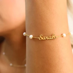 Customized Pearl Name Bracelet for Women Gold Color Stainless Steel Letter Bracelet Personalized Jewelry Birthday Party Gift