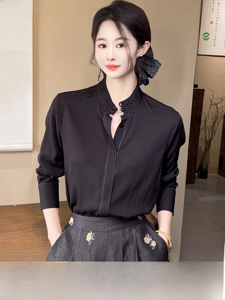 

Daily Commute Silk Shirt Vintage Button New Chinese Style Set Women's Young Model Silk Straight Tube Long Sleeve Shirt