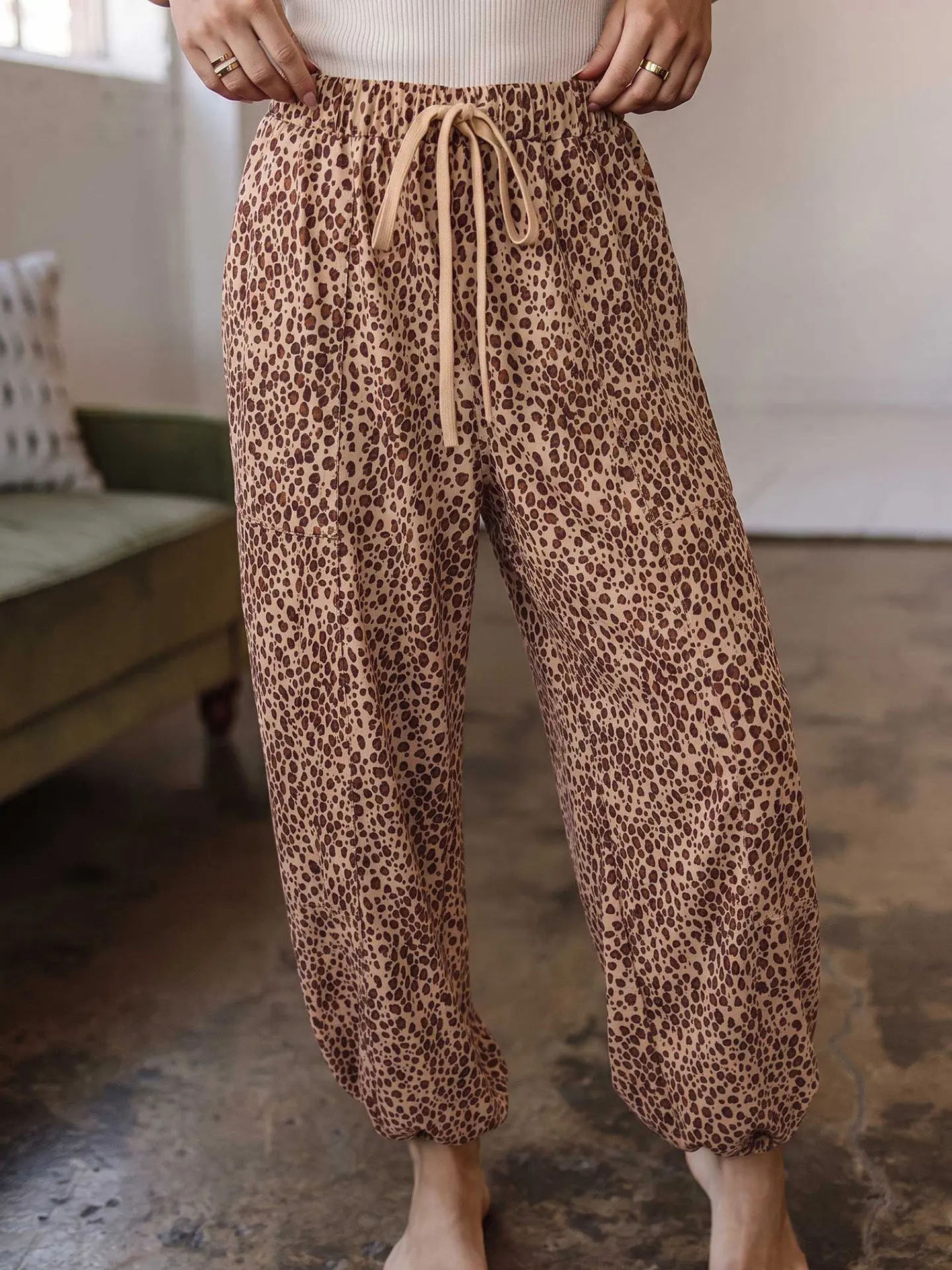 DearLover American Retro Leopard Print High Waist Drawstring Women's Casual Pants Autumn New Style Slimming Cuffed Trousers