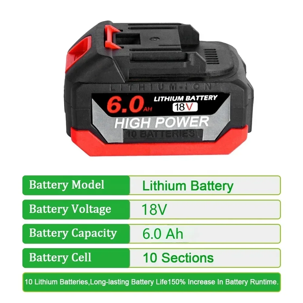 18V 6.0Ah Rechargeable Lithium Battery with Capacity Indicator for Makita 18V-21V Electric Wrench, Drill,Chainsaw Power Tools