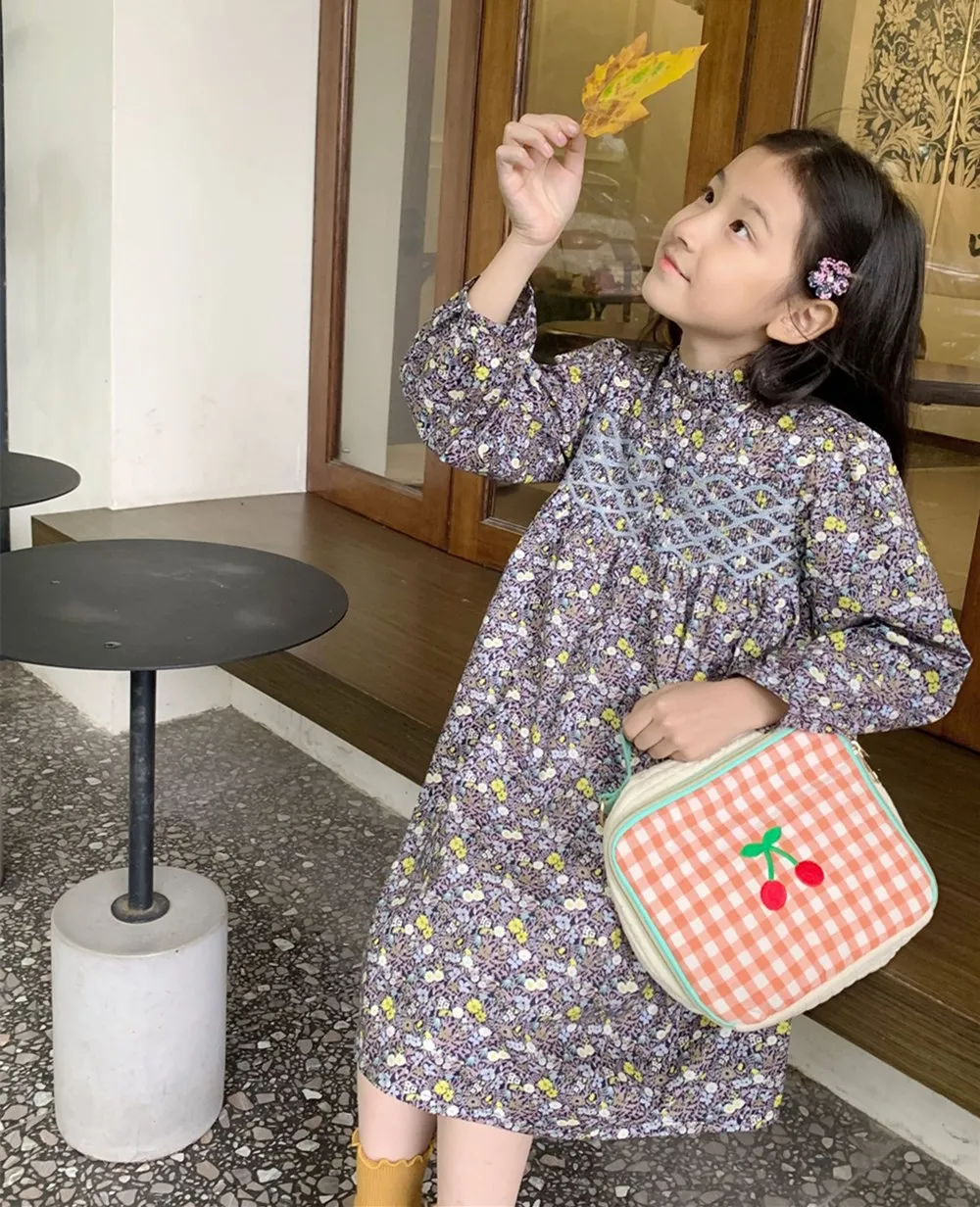 casual girl dress baby girls clothes kids dresses cotton Hand embroidered vintage printed long sleeved dress