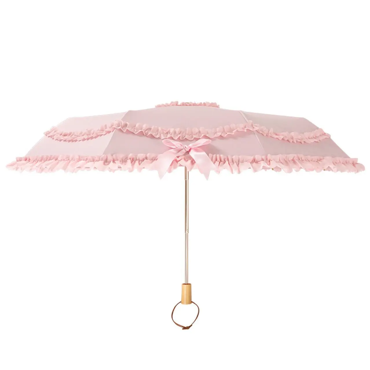 3 Folds Pink Lolita Sun Parasol, Lace Edge Color Glue Umbrella with Bow Wood Handle, 8 Fiberglass Alloy Ribs