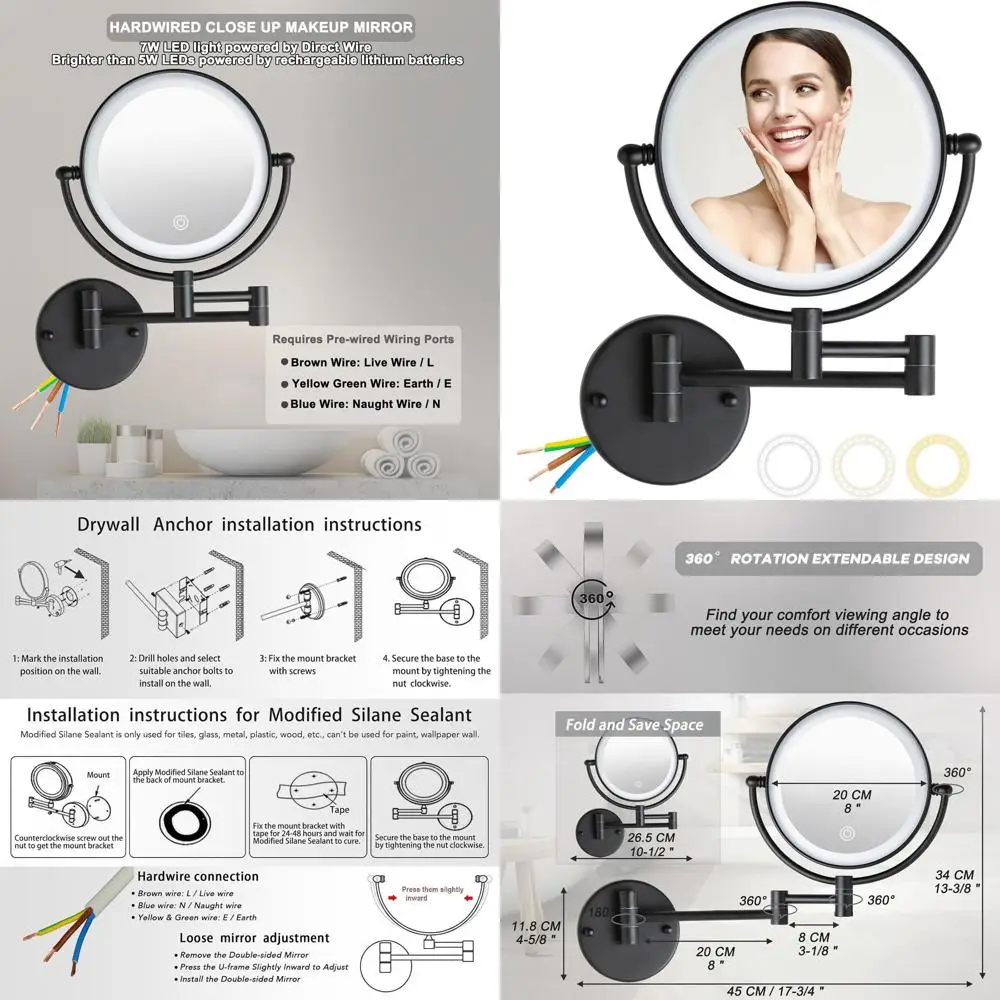 8 مرآة مكياج LED مع تعتيم 3 ألوان، تكبير 1X/10X، ذراع قابلة للتمديد، 360 درجة °   دوار، سلكي، أسود غير لامع