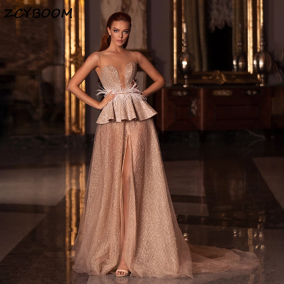 

Customized Luxury Sparkle Champagne Feather Formal Evening Dress 2025 Sleeveless High Side Slit Illusion Back Party Prom Gowns