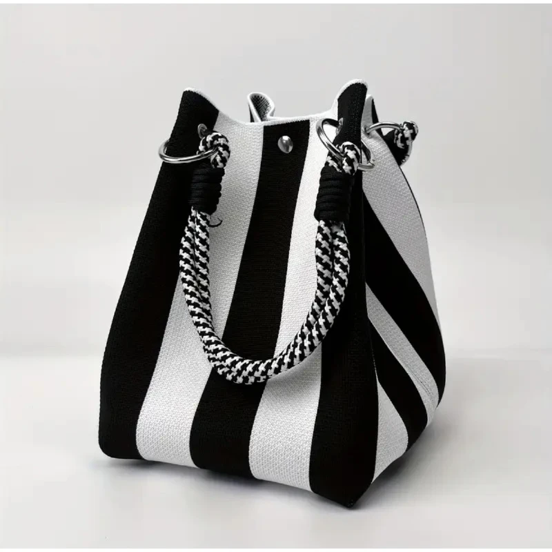 

Knitted Handbag Fashionable Korean Style Casual Bucket Bag Simple And Versatile Holiday Striped Contrast Color Women ShoulderBag