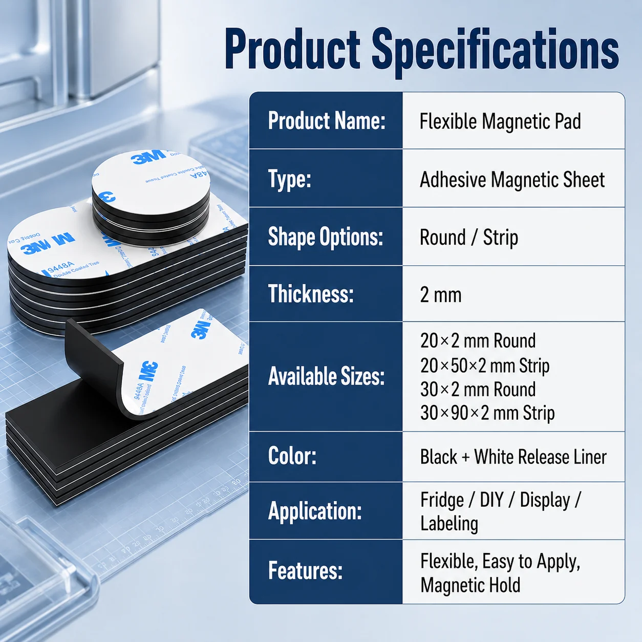 3M Adhesive Backing Flexible Magnetic Sticker Strong Magnetic Pad Sheet For Fridge DIY Photo Display 2mm 20/30mm Round Strip view 5