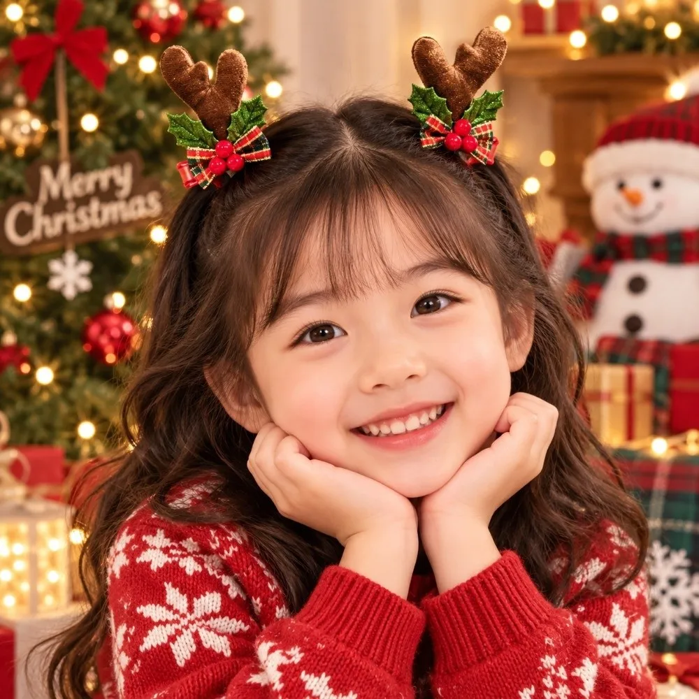 2pcs/set Red Plush Reindeer Antler Hair Clips with Bow Elk Horn Christmas Hair Accessory Cute Pom-pom Plush Hair Clips Holiday