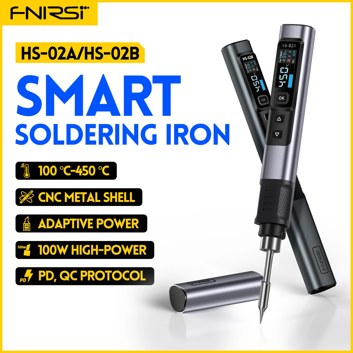 FNIRSI HS-02 Smart Electric Soldering Iron PD 100W Adjustable Constant Temperature Fast Heat Portable Soldering Iron Station Kit