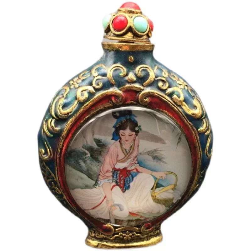 Collection Old China Cloisonne Bronze Carving Beautiful Woman Painting Snuff Bottles
