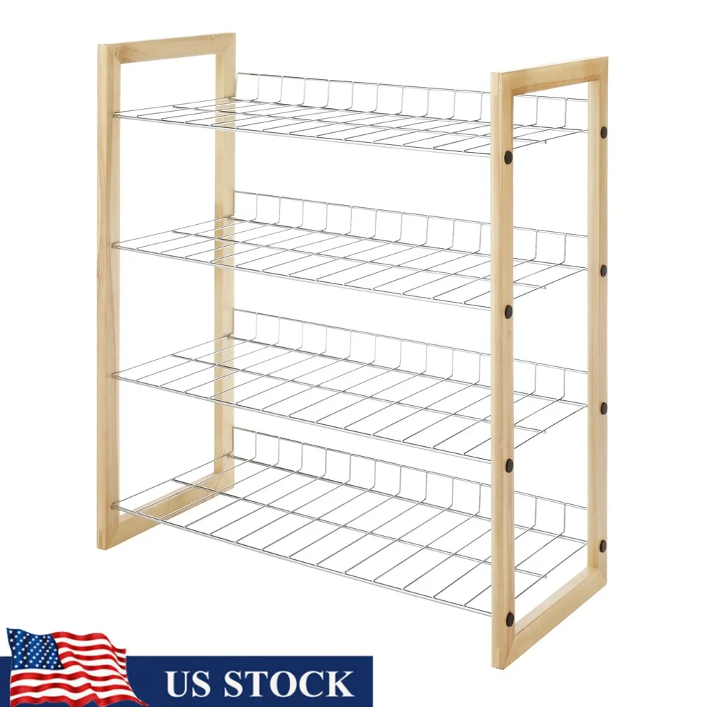 

4 Tier Closet Shelf Storage Organizer Stackable Shoe Rack Natural Wood Chrome Easy Assembly Shoes Accessories Home Office