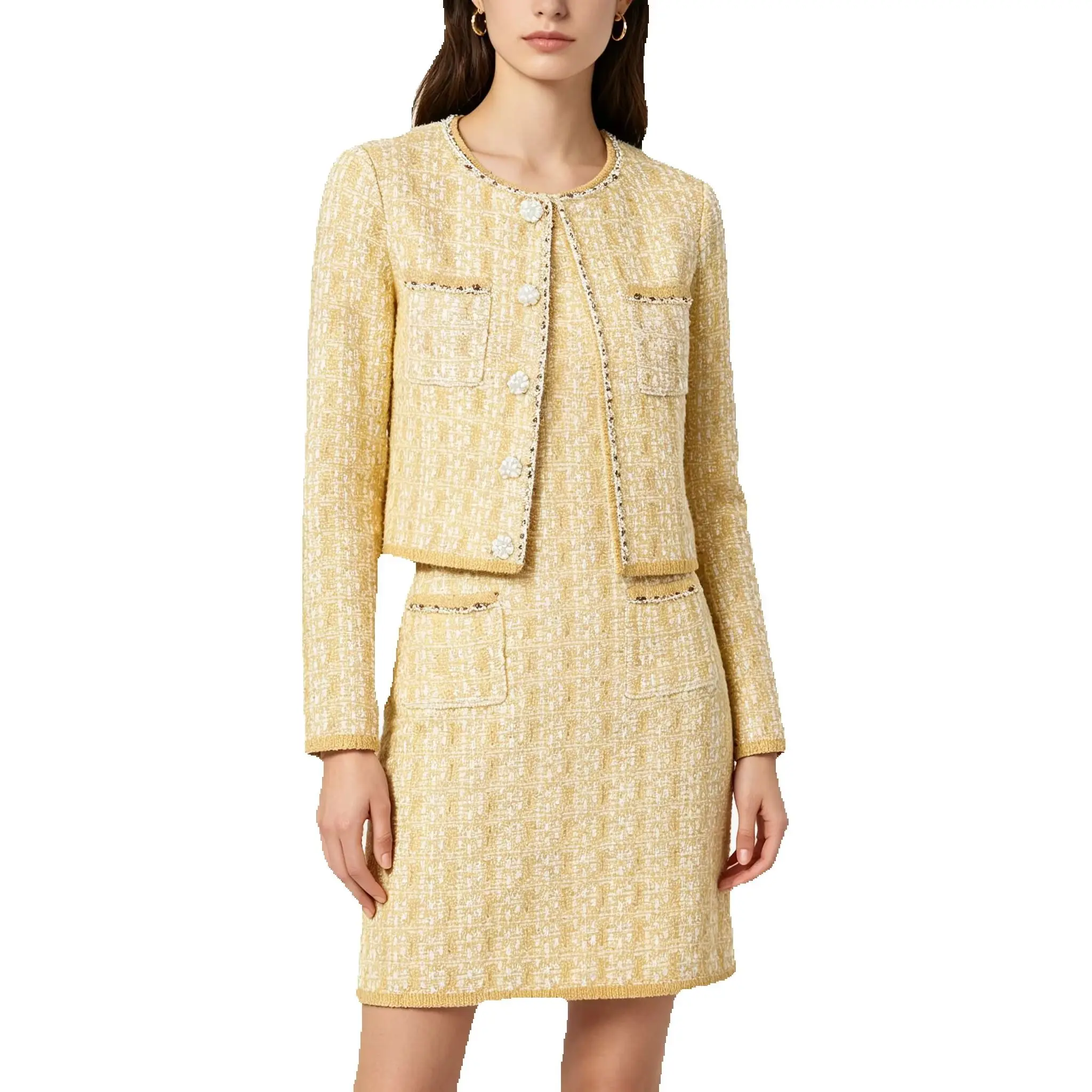 

25300 High-quality Spring And Autumn New Exquisite Woolen Nail Bead Knitted Round Neck Long Sleeved Top Women's Cardigan