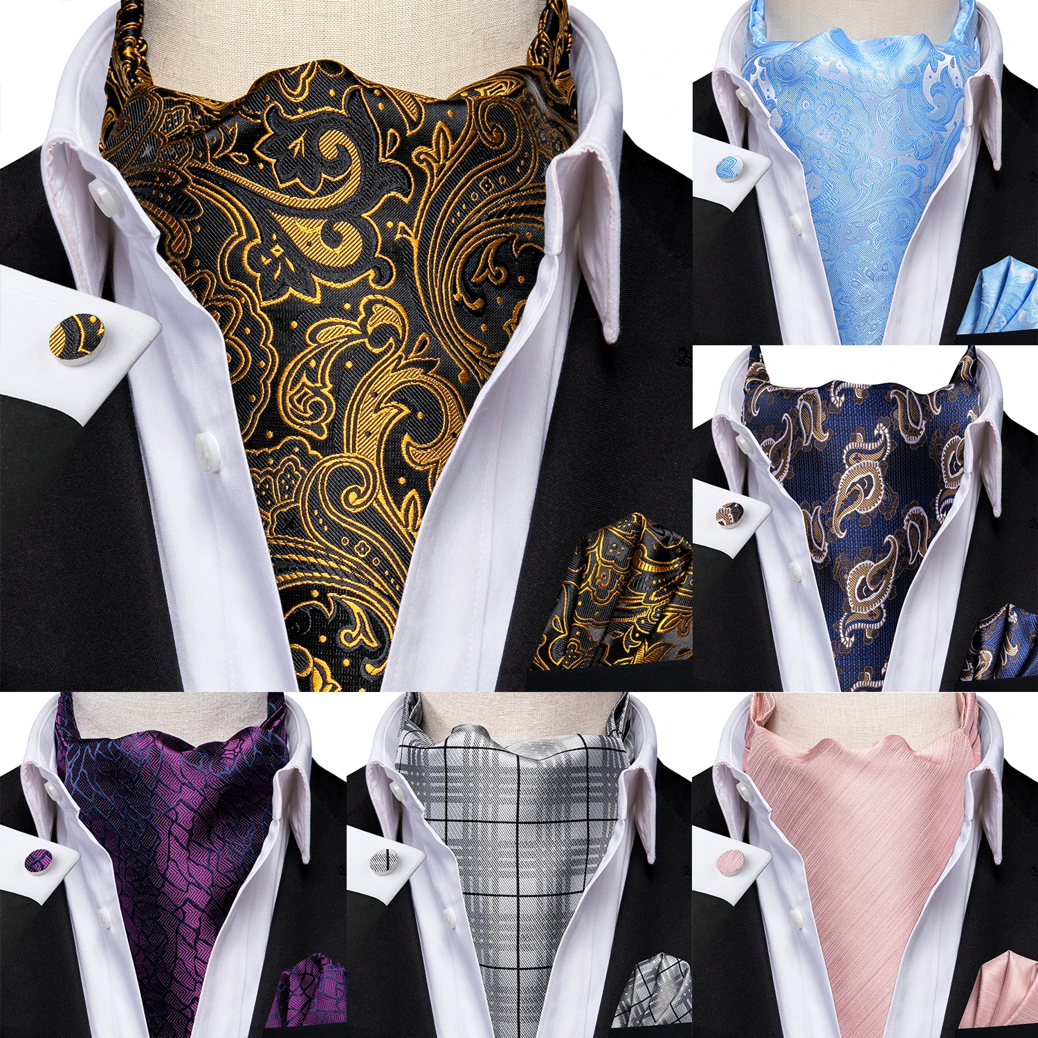 

High Qualilty Silk Mens Ascot Hanky Cufflinks Set Cravat Tie for Male Wedding Business Pink Blue Red Gold Green Purple White