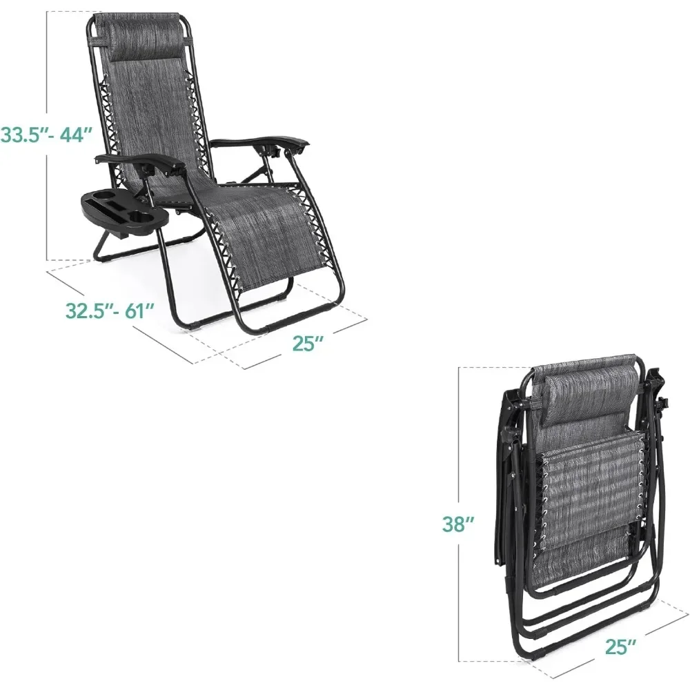 

Set of 2 Adjustable Steel Mesh Zero Gravity Lounge Chair Recliners w/Pillows and Cup Holder Trays