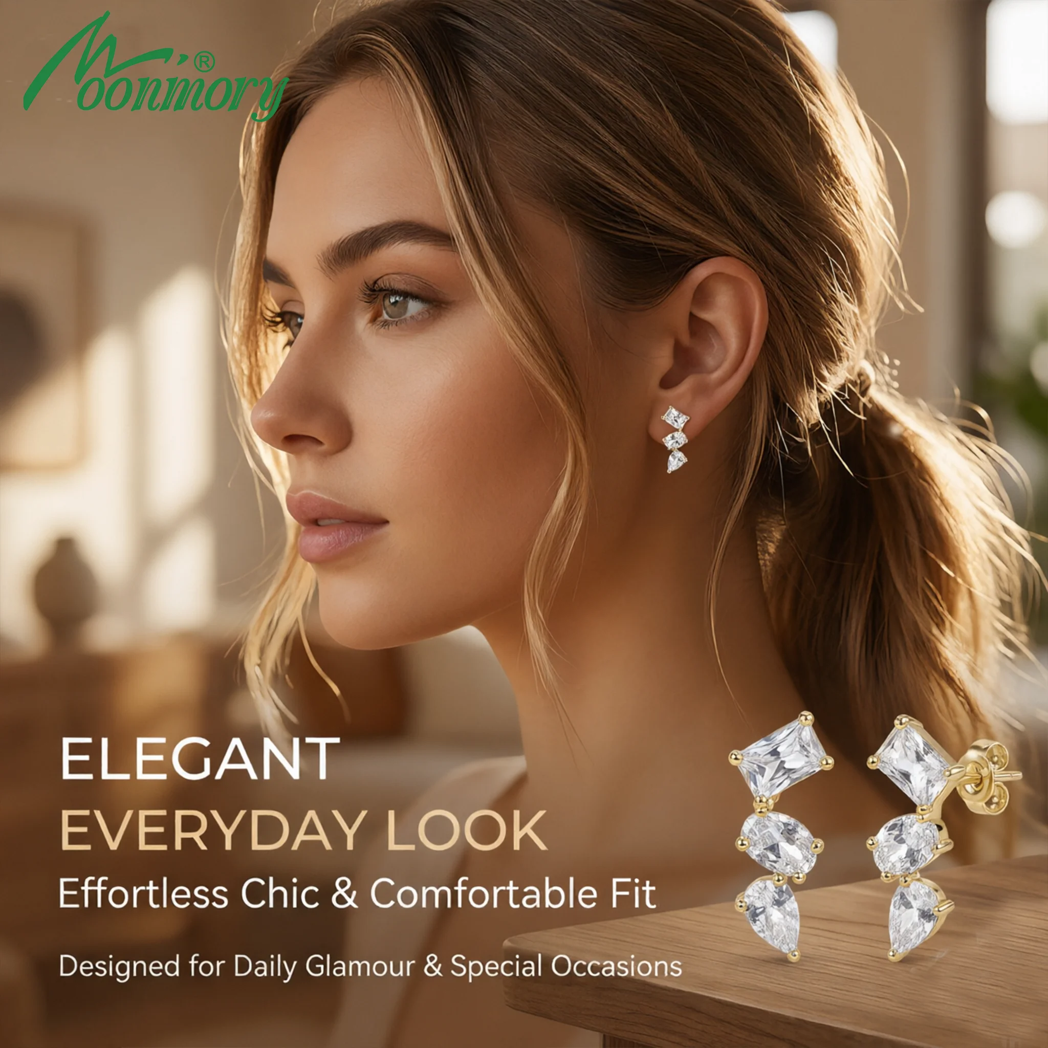 Moonmory Minimalistische Luxusmarken Birnen-, Oval- und Rechteck-Schliff Huggies-Ohrringe für Damen, 5A Messing, 14K Doppelvergoldet, Geschenk-Ohrringe – Detail 1