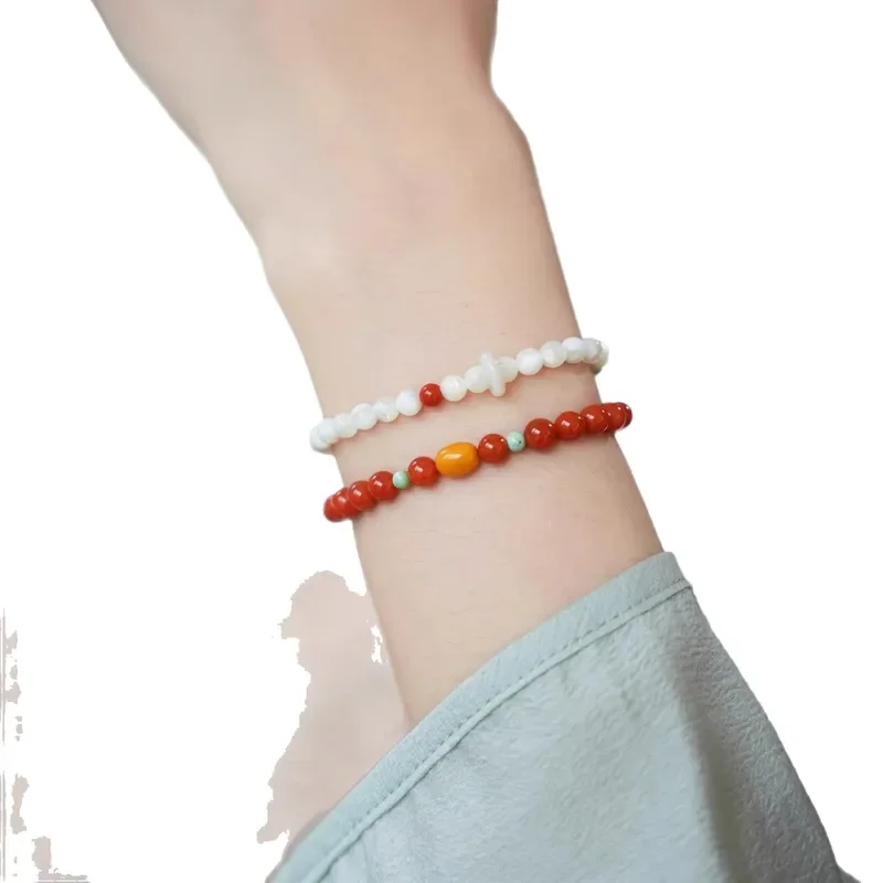 "Jinhua" New Chinese Style Natural Nanhong Beeswax Turquoise Crystal Bracelet Birthday Bracelet Gift