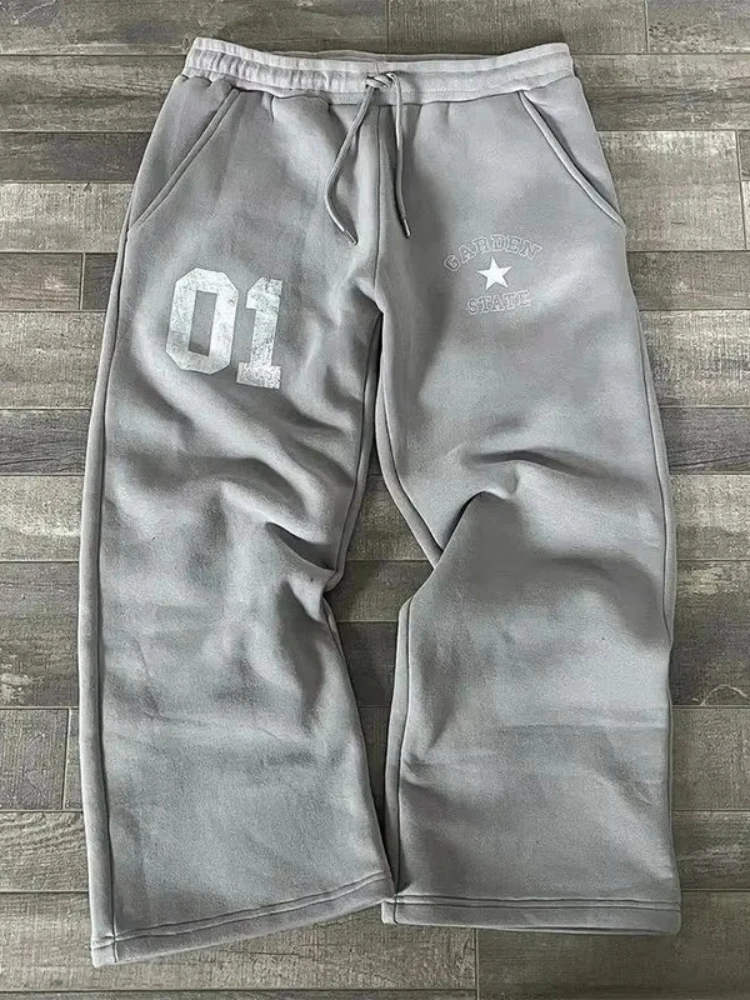 Spodnie dresowe damskie HOUZHOU Y2k z różowym nadrukiem, szare spodnie z szerokimi nogawkami, styl amerykański vintage, męskie spodnie, luźne, hip-hopowe, streetwear