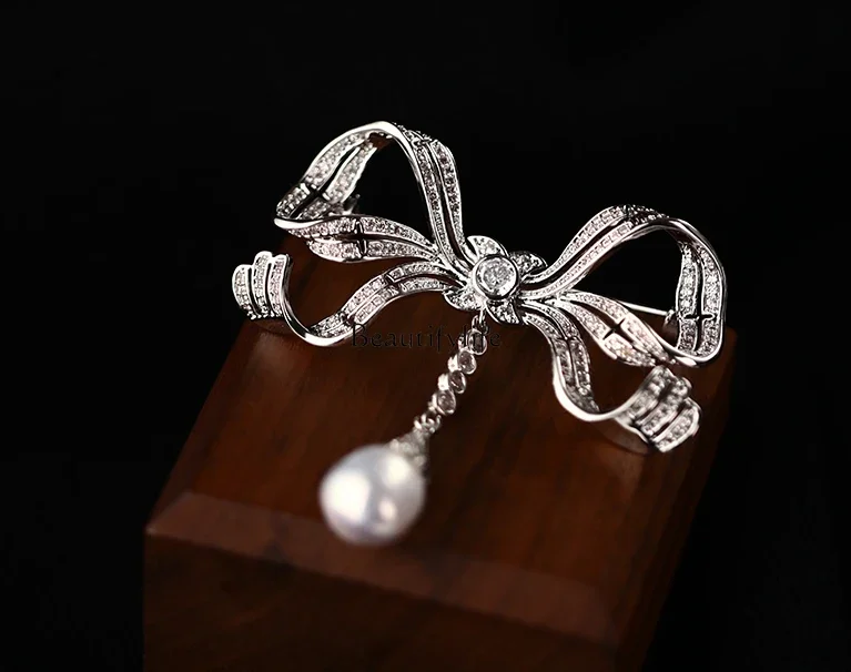 Zircon Bow Brooch, Pearl Pendant, High-End Corsage