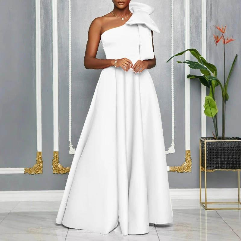 Elegant Refined Solid-color A-line Dress for Women 2026 Summer Featuring Fashionable Off-the-shoulder Large Bow Sexy Long Dress