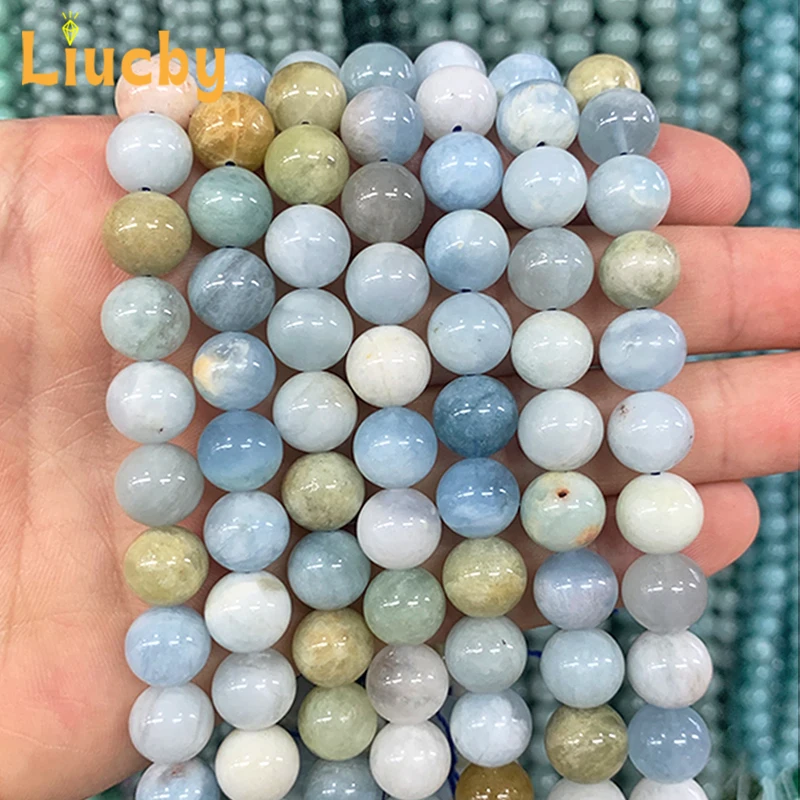 Real Natural stone Pure Natural Sea Blue Treasure jade Smooth Beads For Jewelry Making DIY Fashion Necklace 15\