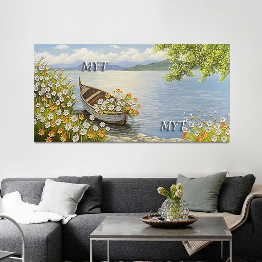 

Abstract Art Canvas Style Design Room Decor Flowers Oil Painting,No Framed,Lakeside Small Boat 3d Beautiful Picture Scenery Wall