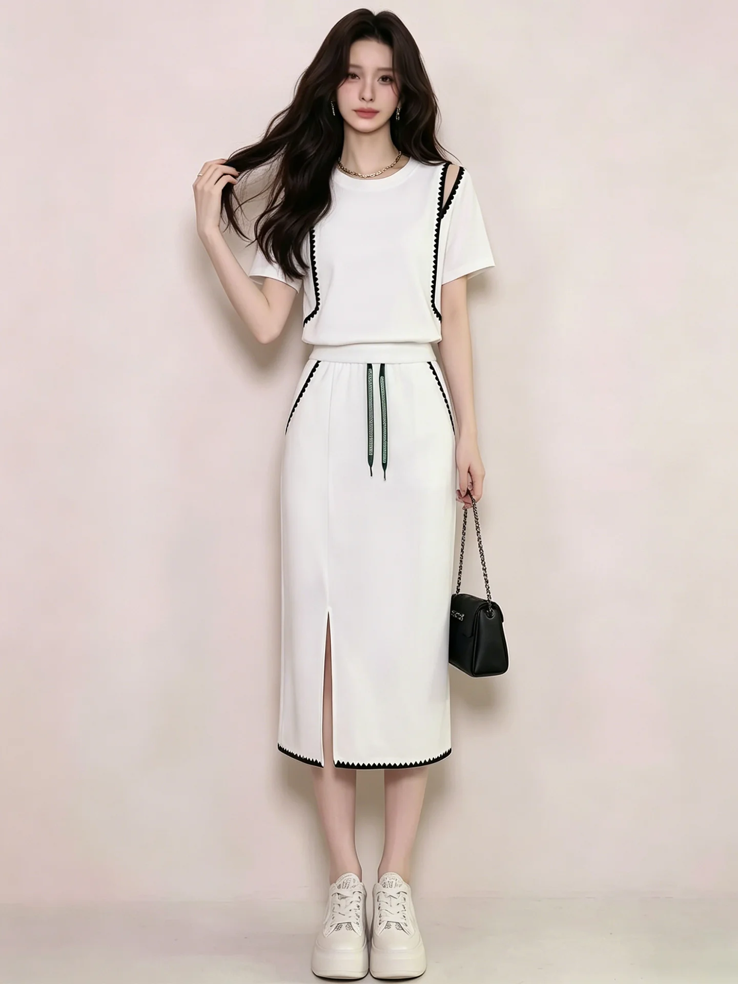 

Casual Sporty Two-Piece Set Women's Summer Hollow out Short Sleeve Top Midi Skirt Ensemble Elegant Minimalist Design