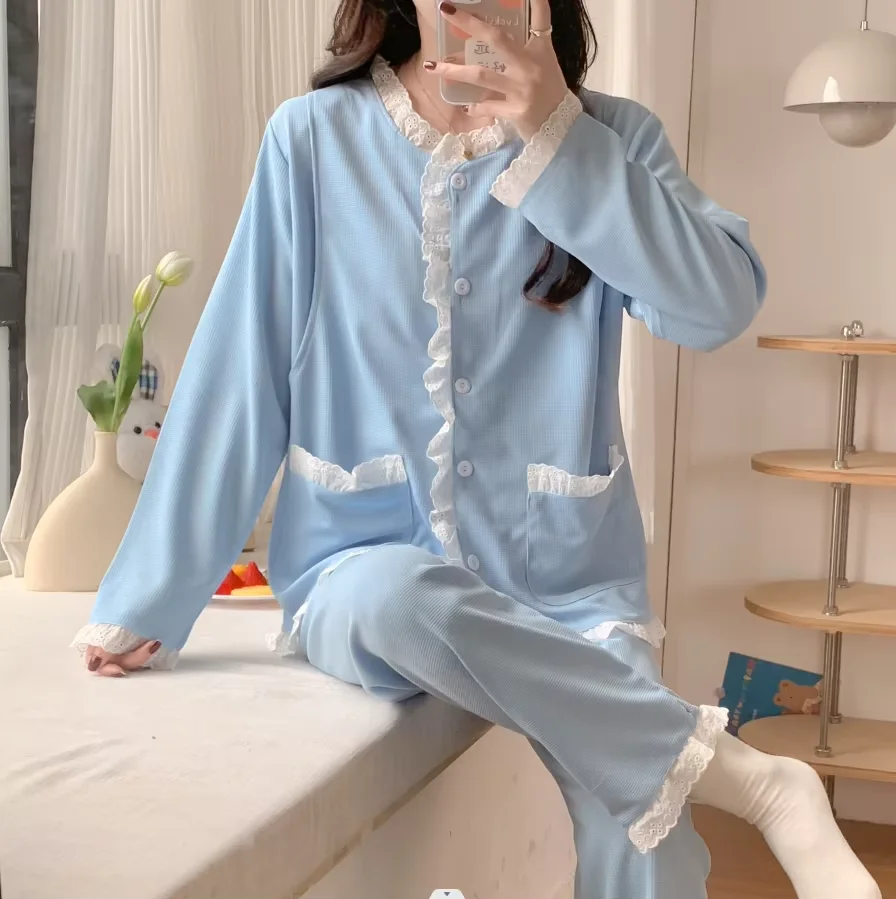 Postpartum woman lactation pajamas set autumn nursing leisurewear cartoon pregnant maternity breastfeeding tops long trousers