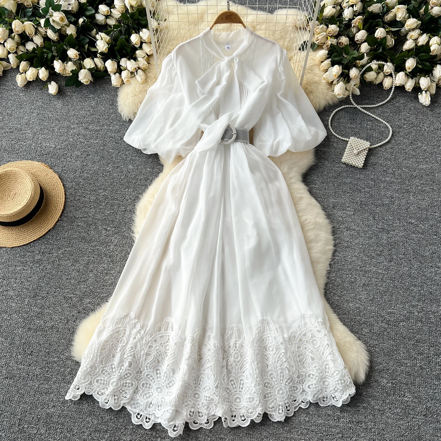 Vestido elegante Retro de estilo francés para mujer, ropa con lazo, manga de linterna, cintura delgada, línea A, bata, gancho, empalme de flores, gran columpio