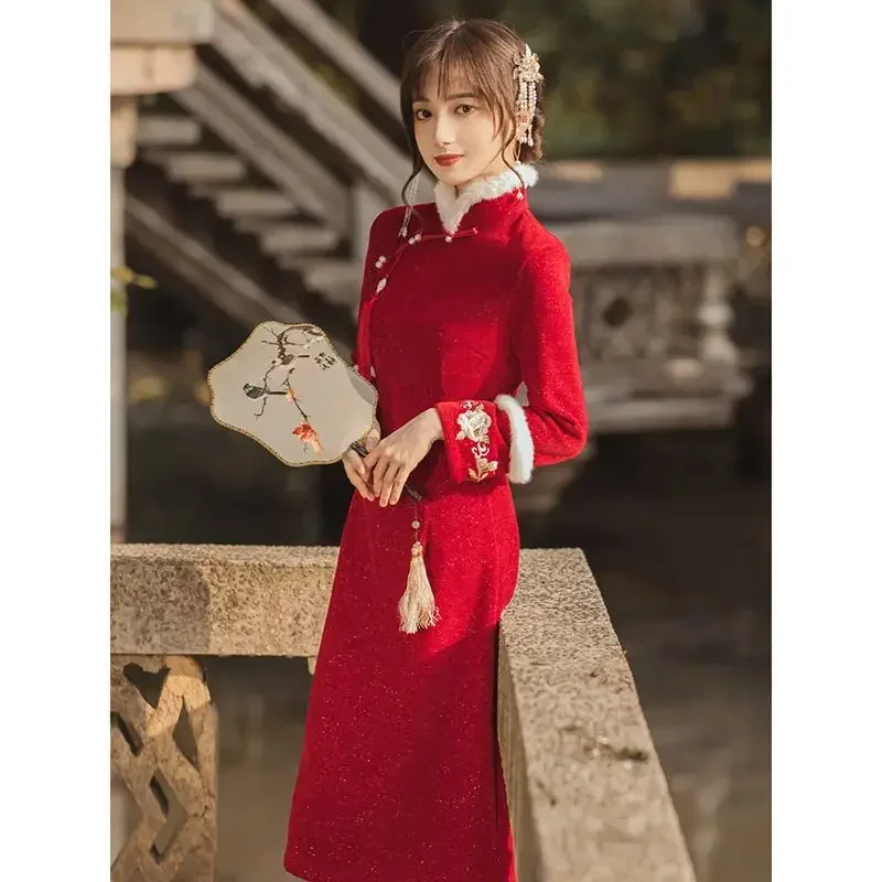 

Red Chinese New Year Cheongsam Women Thickened Long Sleeve Winter Dress Slim Elegant Chinese Traditional Qipao S To XXL